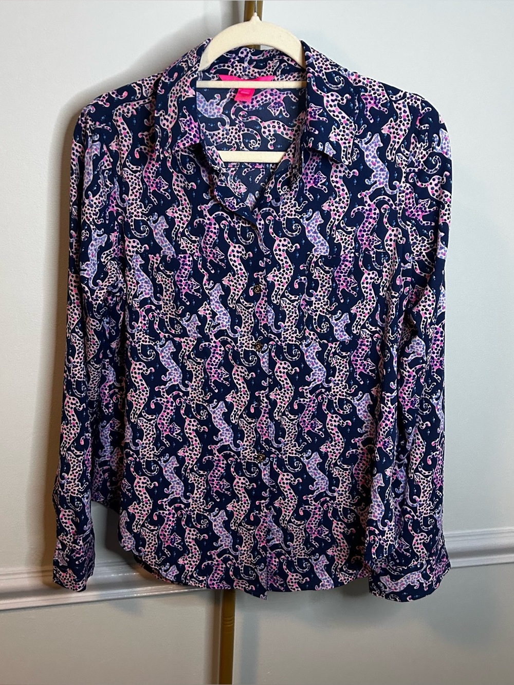 Lilly Pulitzer Oyster Bay Navy On The Catwalk Button-Down Long Sleeve Blouse